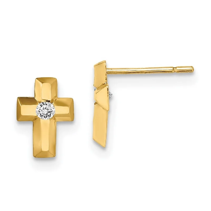 Curata 14k Yellow Gold CZ Cubic Zirconia Religious Faith Cross Post Earrings - 8.5mm long