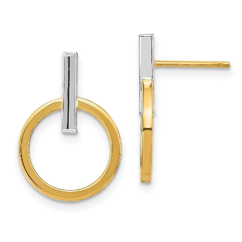 Curata 14k Two tone Gold Polished Bar and Circle Drop Dangle Post Earrings 18.09x13.71mm