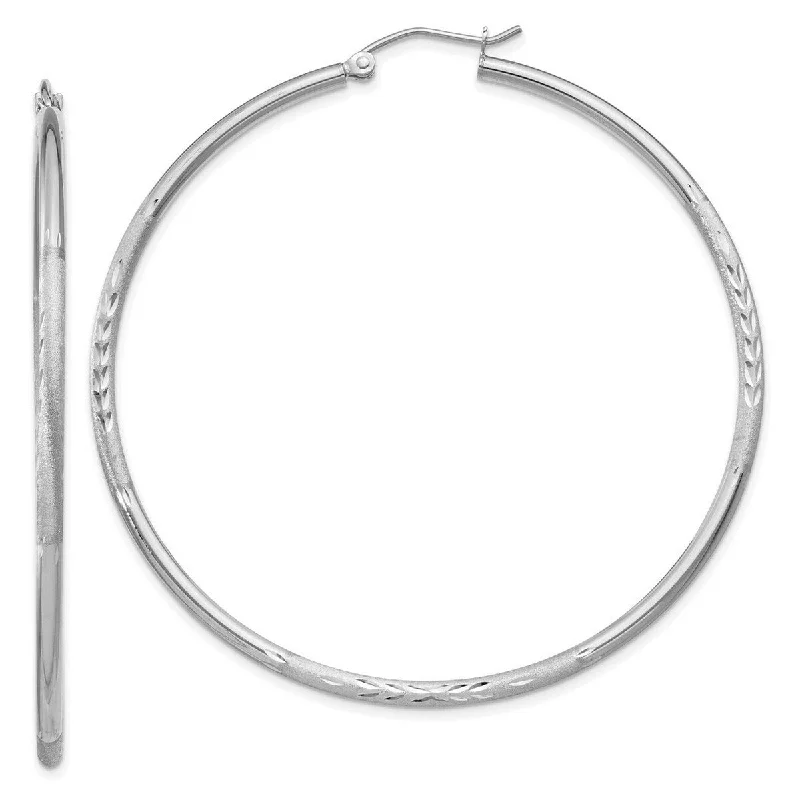 Curata 14k White Gold Satin and Sparkle Cut 52x2mm Round Hoop Earrings