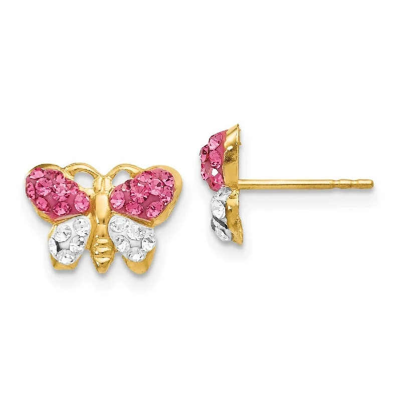 Curata 14k Yellow Gold Polished Pink White Crystal Butterfly Angel Wings Post Earrings Measures 7x11mm Wide