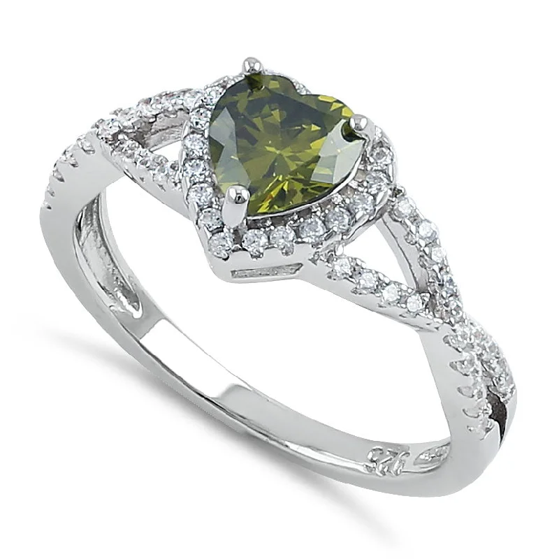 Sterling Silver Heart Halo Twist Peridot CZ Ring