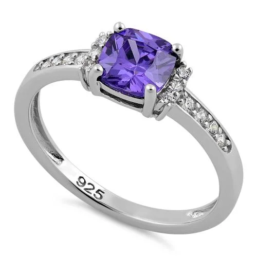 Sterling Silver Cushion Amethyst CZ Ring