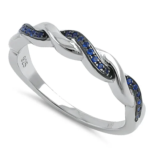 Sterling Silver and Black Rhodium Plated Braided with Blue CZ Ring