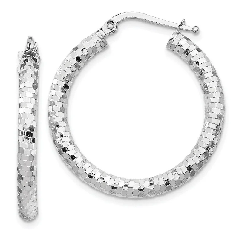 Curata 14k White Gold 3x20mm Sparkle Cut Hoop Earrings