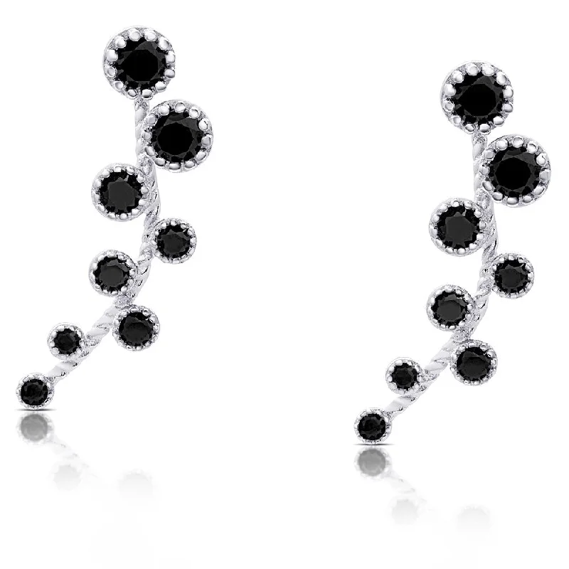 Dolce Giavonna Sterling Silver Black Spinel Graduated Crawler Earrings