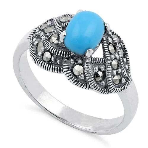 Sterling Silver Simulated Turquoise Oval Marcasite Ring