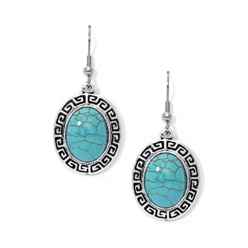 Silver Plated Simulated Turquoise Greek Key Earrings