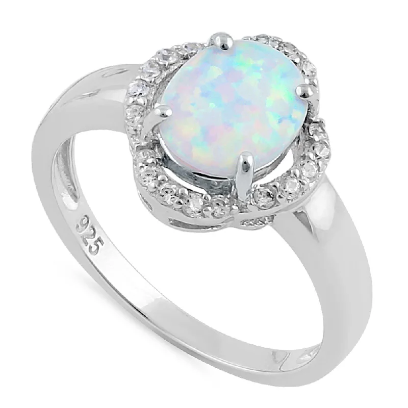 Sterling Silver Elegant White Lab Opal Oval Flower Halo CZ Ring