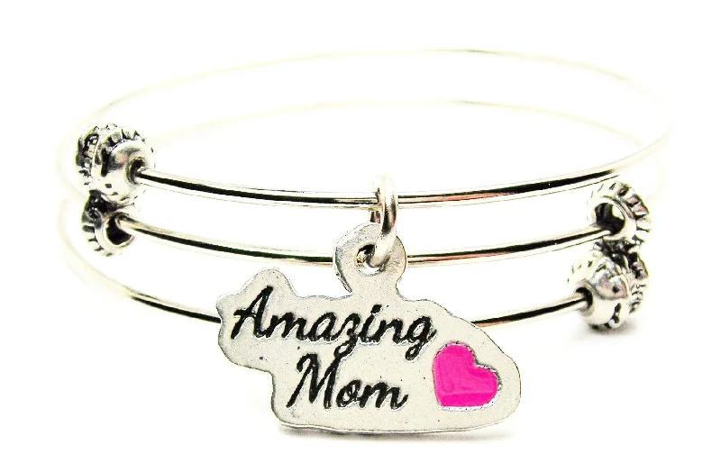 Amazing Mom With Hand Painted Hot Pink Heart Triple Style Expandable Bangle Bracelet