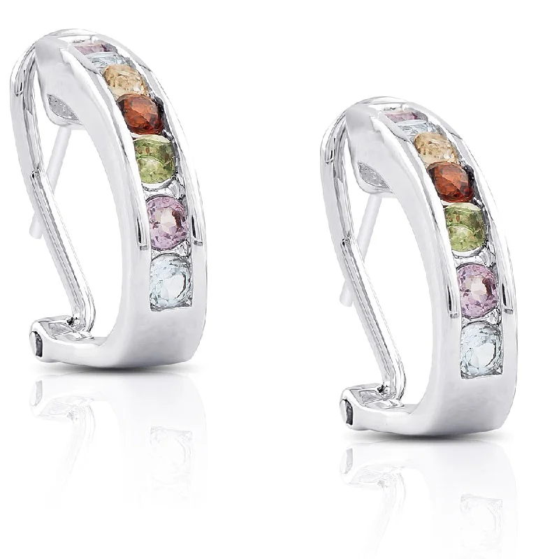 Dolce Giavonna Silverplated Multi Gemstone Hoop Earrings