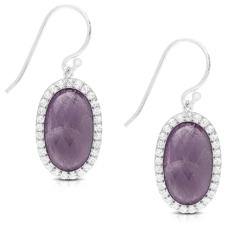 Dolce Giavonna Sterling Silver Oval Gemstone and Cubic Zirconia Dangle Earrings