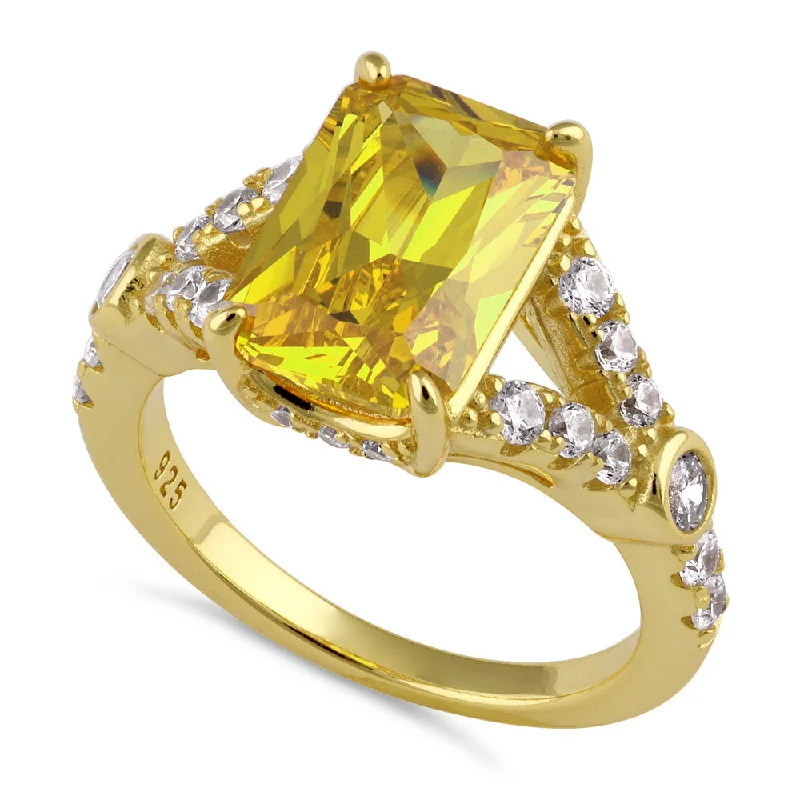 Sterling Silver Yellow Emerald-Cut CZ Ring