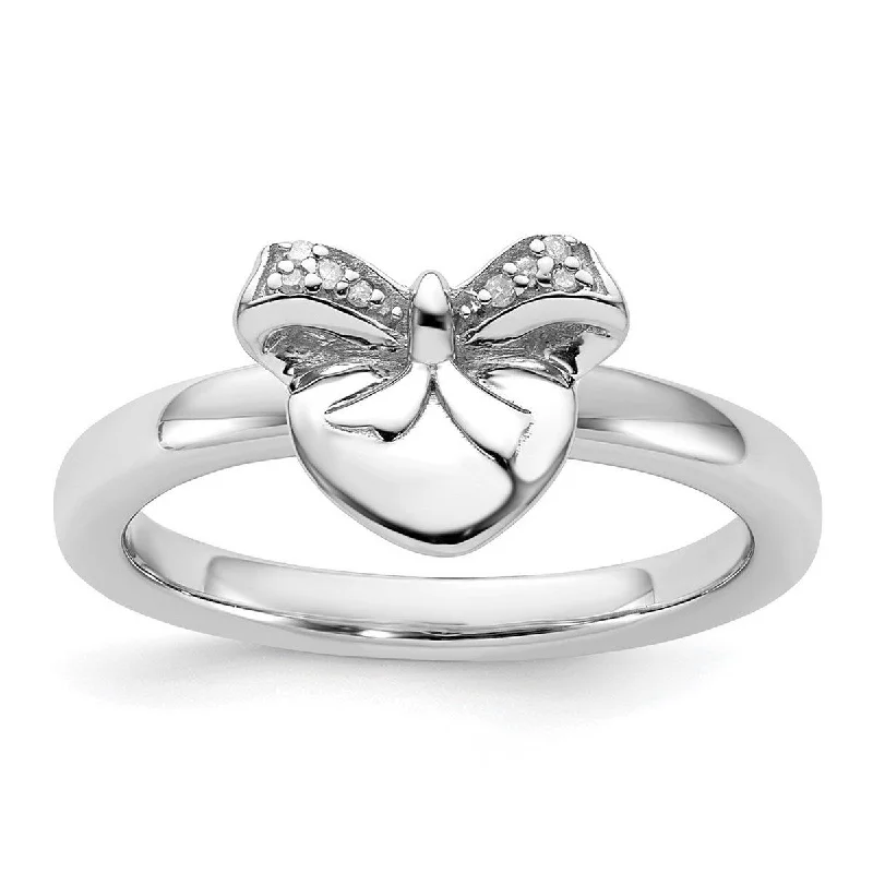 Curata 925 Sterling Silver Polished Prong set Stackable Expressions Love Heart with Bow Diamond Ring