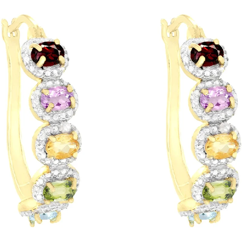 Dolce Giavonna 18k Gold Overlay Gemstone and Diamond Accent Hoop Earrings