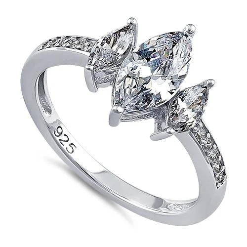 Sterling Silver Triple Marquise Cut Clear CZ Ring