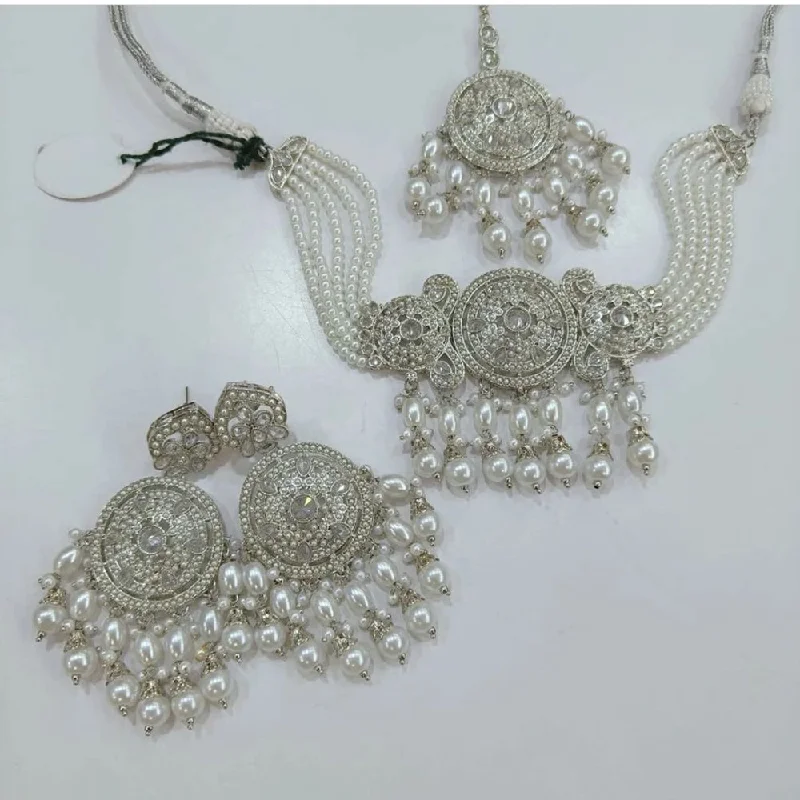 Shree Chamunda Jewellers Silver Plated Austrian Stone And Pearl Choker Necklace Set