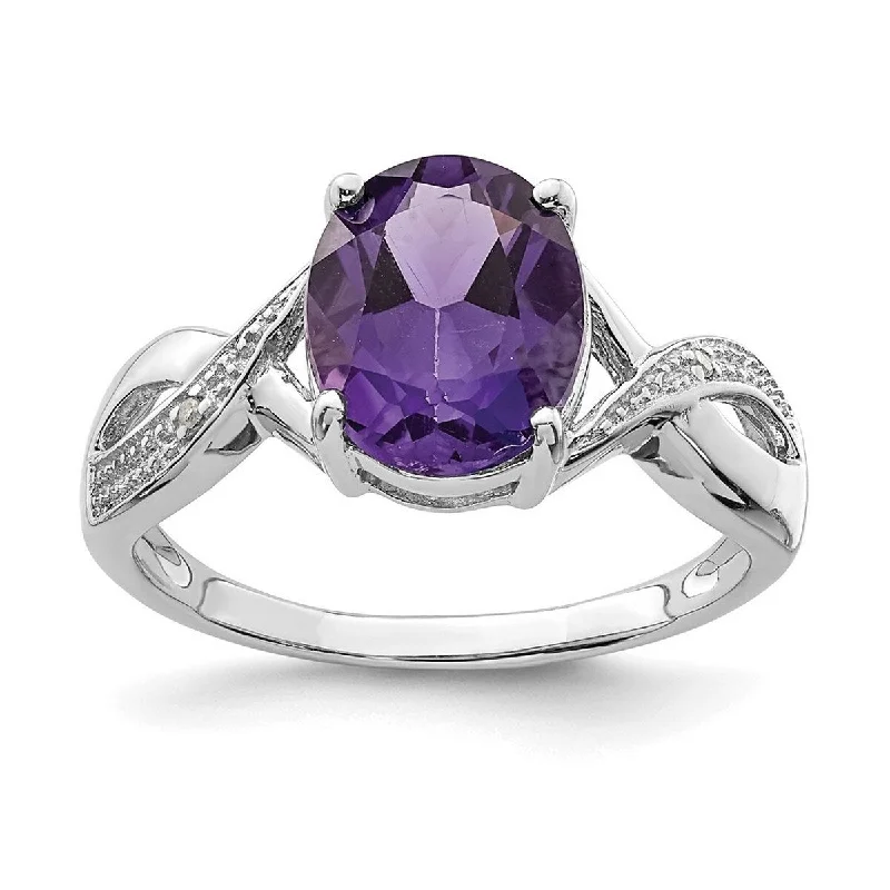 Curata 925 Sterling Silver Polished Open back Rhodium Amethyst and Diamond Ring