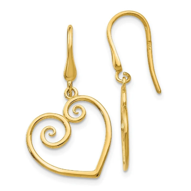 Curata 14k Yellow Gold 29x16mm Heart Dangle Hook Earrings