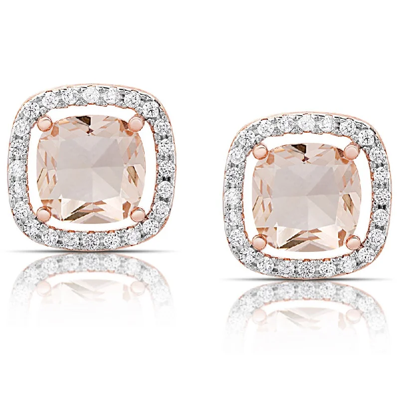 Dolce Giavonna Rose Gold Overlay Simulated Morganite Square Halo Stud Earrings