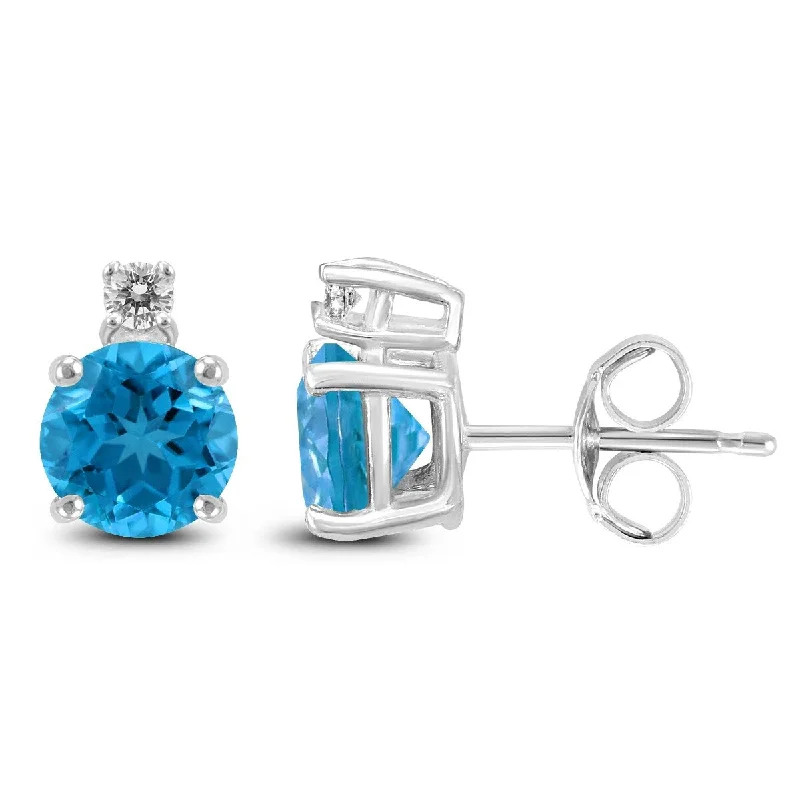 Marquee 14K White Gold 7MM Round Blue Topaz and Diamond Earrings