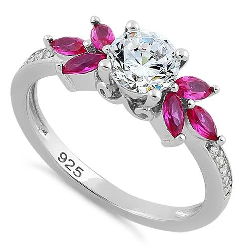 Sterling Silver Flower Leaves Ruby Clear CZ Ring