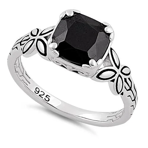 Sterling Silver Twin Butterfly Cushion Cut Black CZ Ring