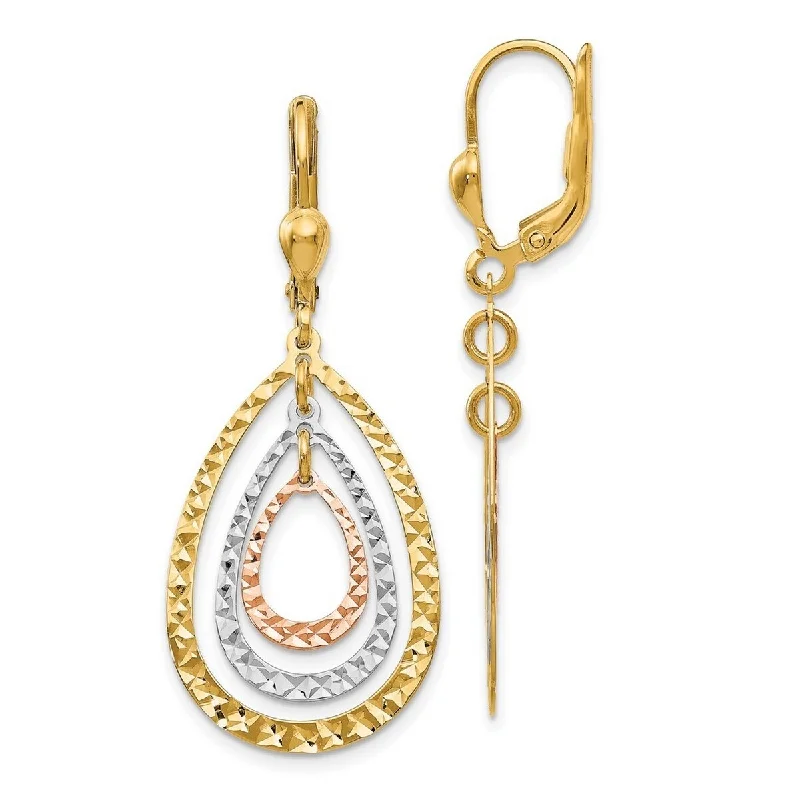 Curata 14k Tri-Color Gold Diamond-cut Triple Teardrop Leverback Earrings (18mm x 43mm)