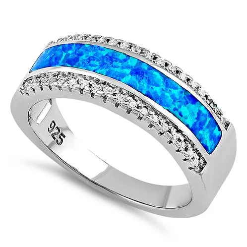 Sterling Silver Long Bar Blue Lab Opal CZ Ring