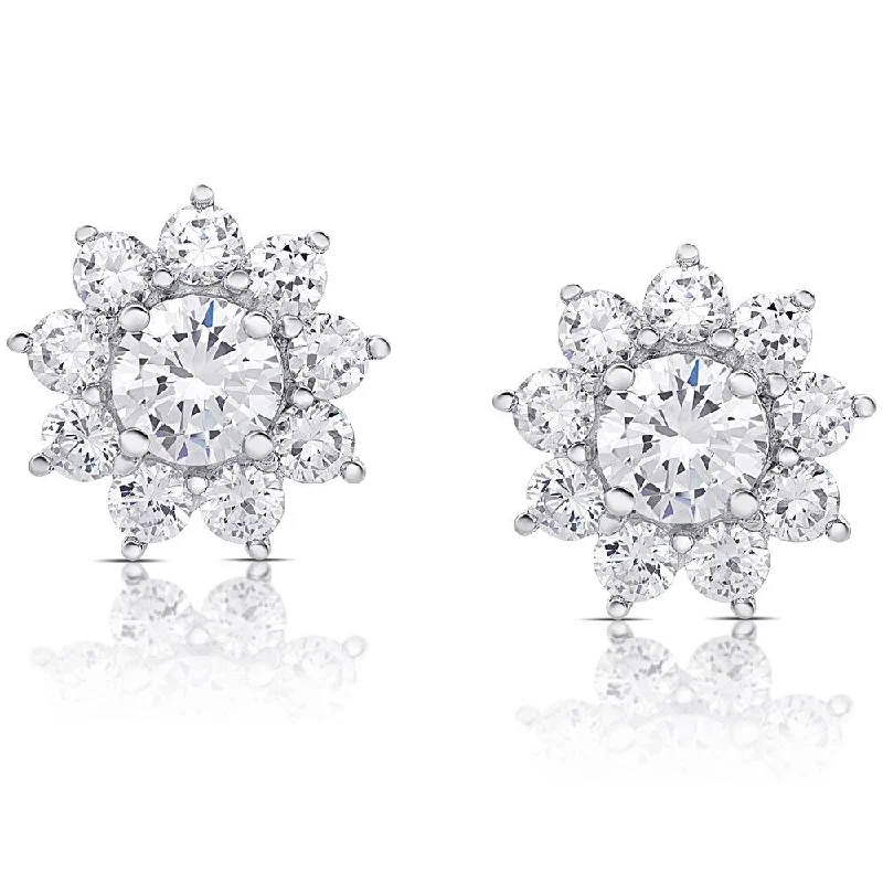 Dolce Giavonna Sterling Silver Cubic Zirconia Flower Stud Earrings