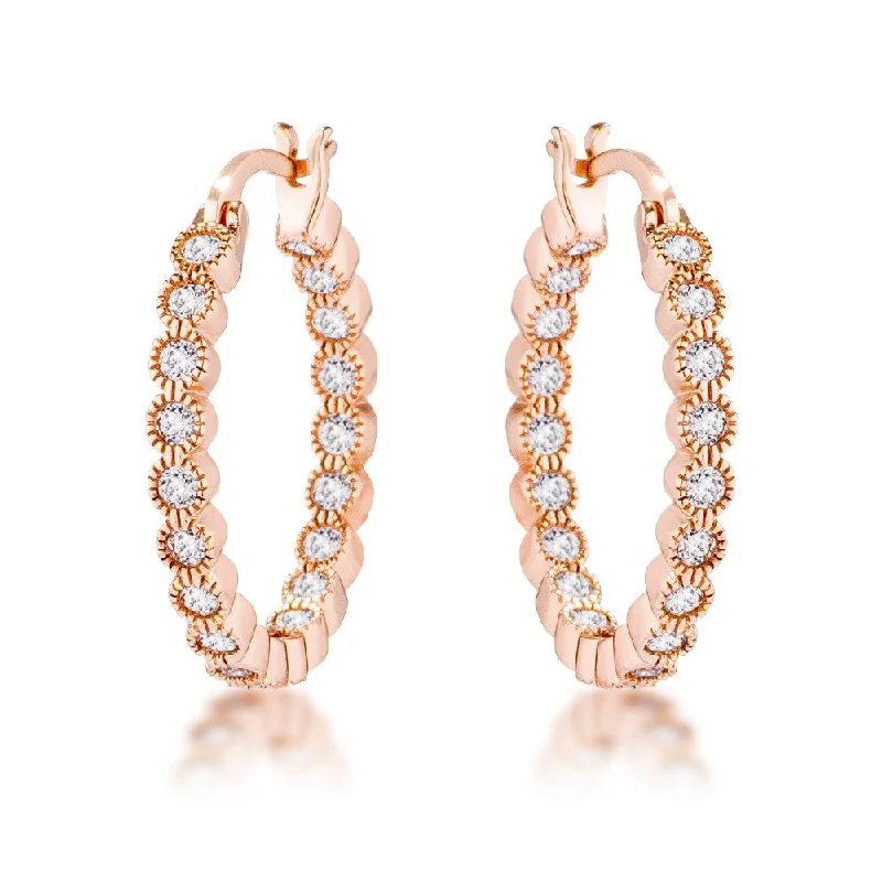 Rose Gold Plated Dotted Clear Cz Round Bezel Hoop Earrings - Rose Gold - 23.7mm x 2.8mm x 2.4mm