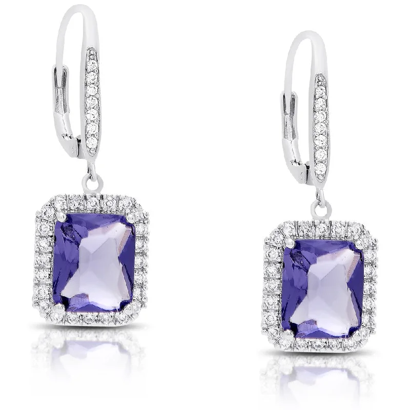 Dolce Giavonna Silver Overlay Cubic Zirconia and Simulated Tanzanite Emerald-cut Dangle Earrings