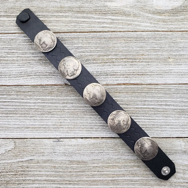 Black Leather Taos American Indian Buffalo Nickel Bracelet