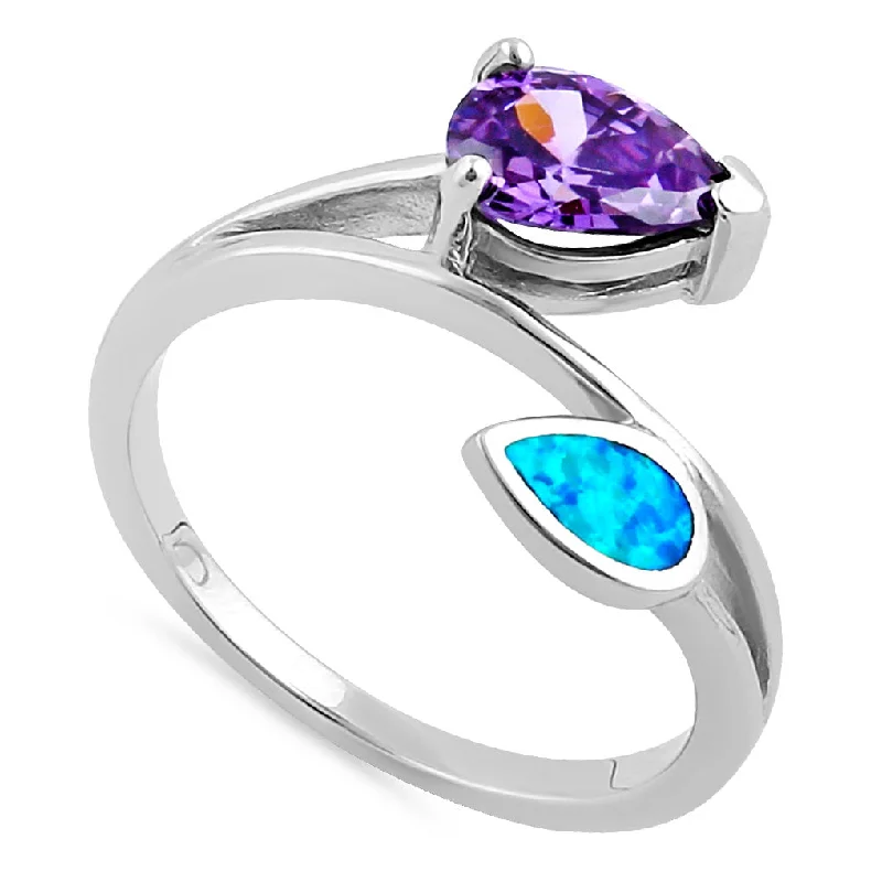 Sterling Silver Blue Lab Opal and Amethyst CZ Ring