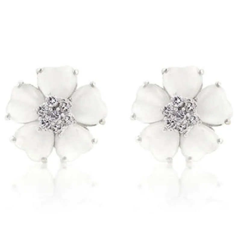 White Elegant White Flower Nouveau Earrings Floral Design Jewelry - 9.8 (mm) X 9 (mm); 3 (mm) X 3 (mm)