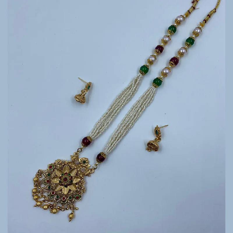 The Fashion Jewels Gold Plated Pota Stone And Pearl Long Necklace Set