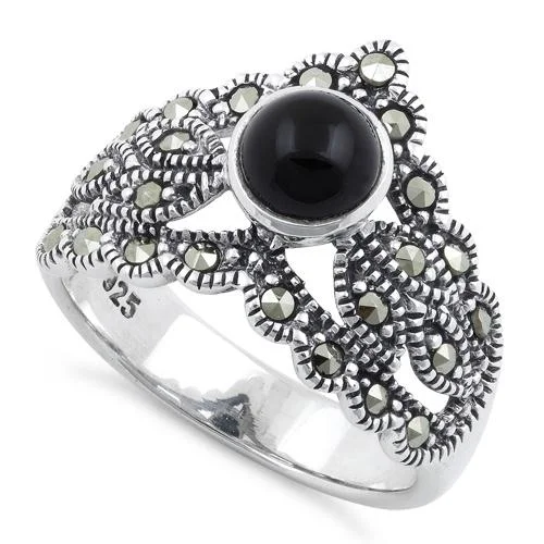 Sterling Silver Round Black Onyx Tiara Marcasite Ring