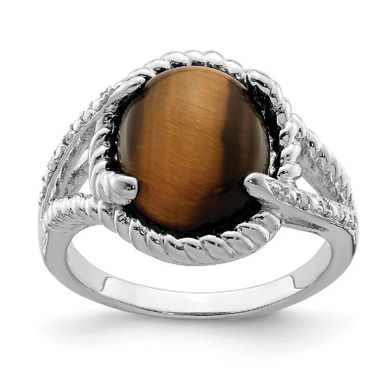 Curata 925 Sterling Silver Polished Tigers Eye and Diamond Ring