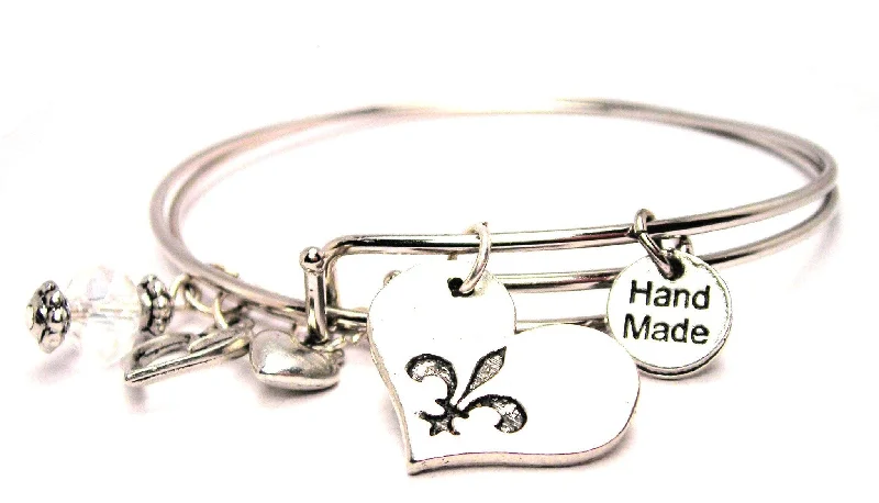 Fleur De Lis Heart Expandable Bangle Bracelet Set