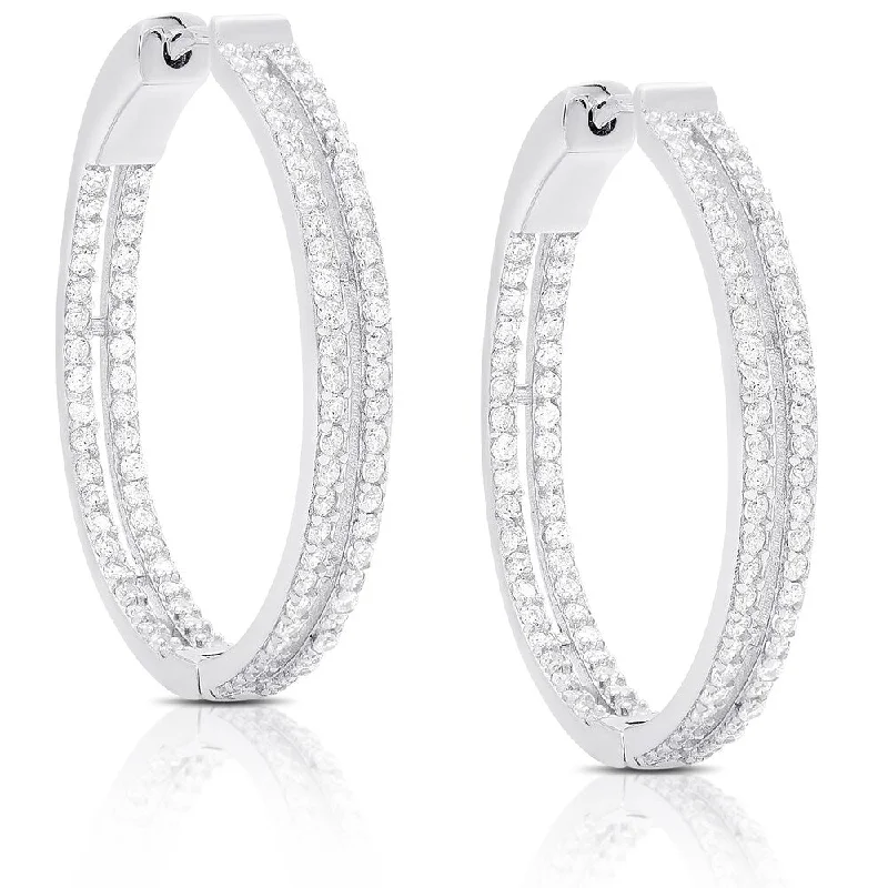 Dolce Giavonna Sterling Silver Cubic Zirconia Two Row Hoop Earrings