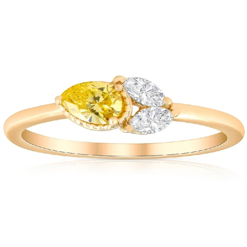 3/8Ct Fancy Yellow Pear & Marquise Shape Diamond Ring Yellow Gold Lab Grown