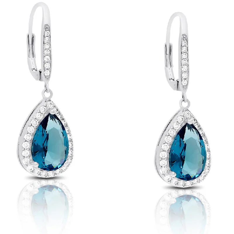 Dolce Giavonna Silver Overlay Cubic Zirconia and Simulated London Blue Topaz Teardrop Earrings