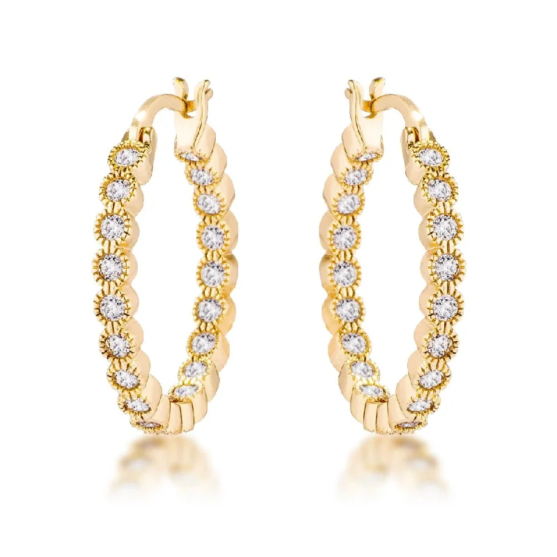 Gold Plated Dotted Clear Cz Round Bezel Hoop Earrings - 23.7mm x 2.8mm x 2.4mm