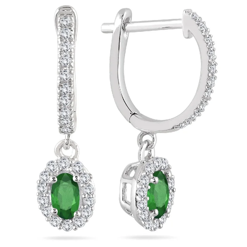 Marquee 1/2 Carat Emerald and Diamond Halo Dangle Earrings in 10K White Gold