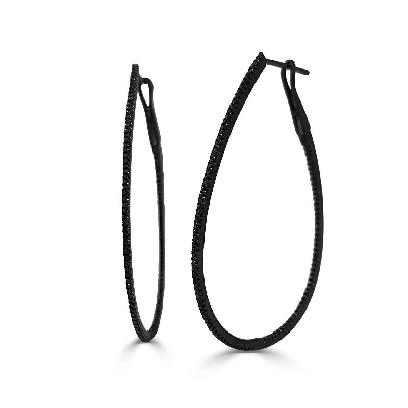 Joelle Black Diamond Inside Out 14K Black Gold Pear Shape Hoop Earrings 2"