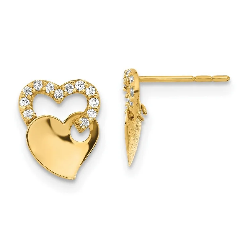 Curata 14k Yellow Gold Polished CZ Cubic Zirconia Double Love Heart Post Earrings - 10x8mm Wide