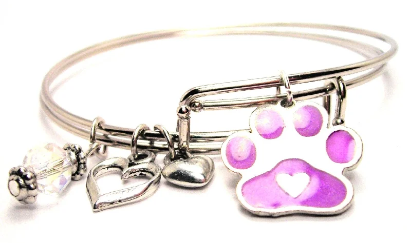 Hand Painted Center Heart Paw Print Purple Expandable Bangle Bracelet Set