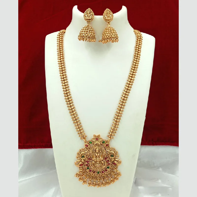 Joyful Jewel Art Matte Gold Plated Pota Stone Temple Long Necklace Set