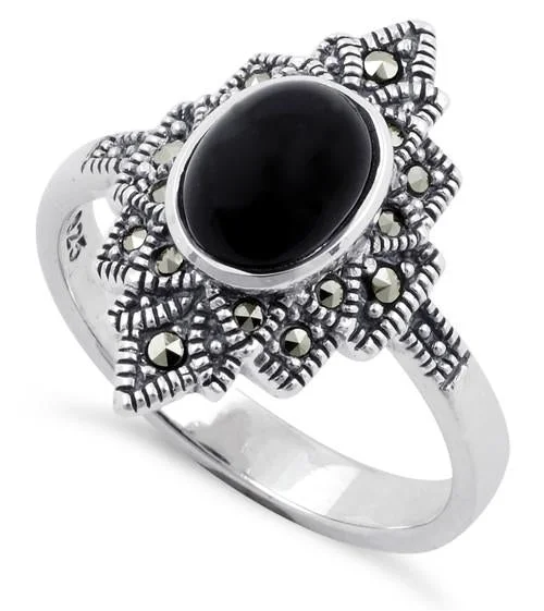 Sterling Silver Black Onyx Star Marcasite Ring