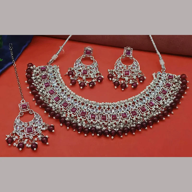 Gehana Mahal Silver Plated Crystal Stone Pearl And Beads Necklace Set