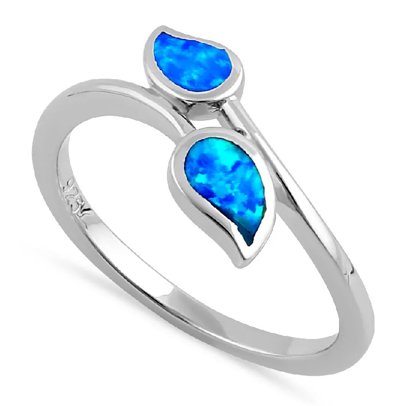 Sterling Silver Blue Lab Opal Double Leaf Wrap Ring